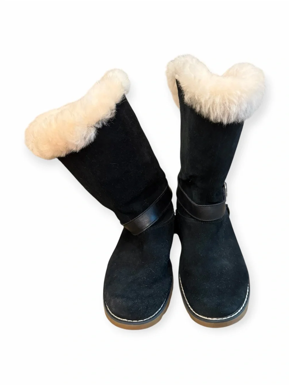 NWOT, UGG, Kids Black Suede Boots with Shearling Trim, Size 4